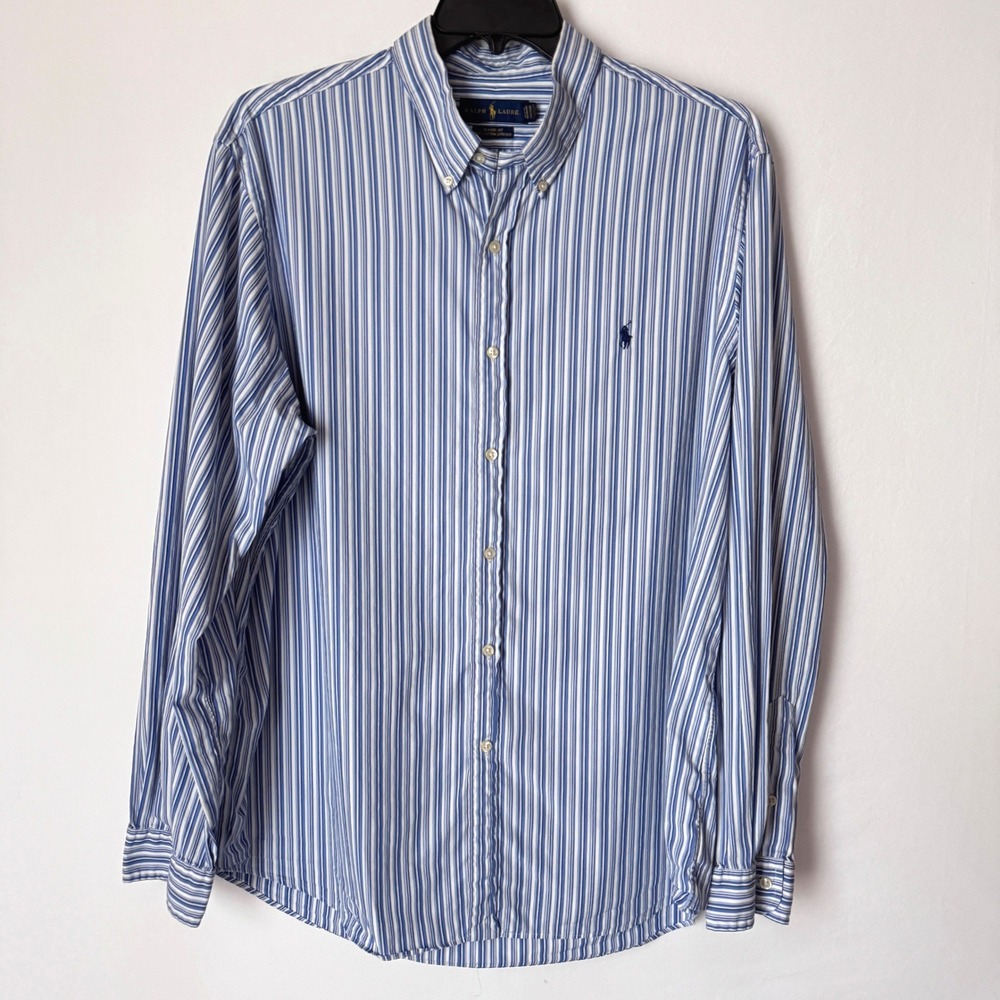 Ralph Lauren Button Down Classic Fit Mens XXL Blue White Striped Cotton Stretch